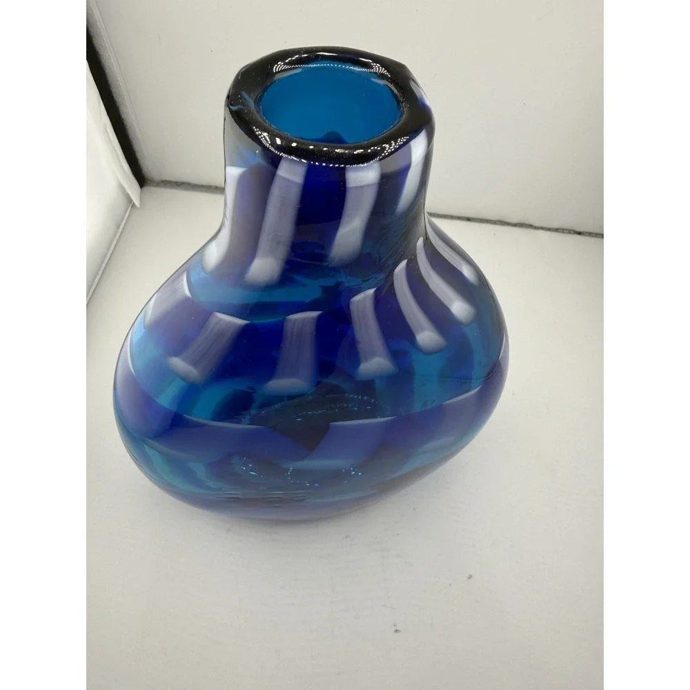 Crate & Barrel Mykonos Glass Bud Vase Hand Blown Vibrant Blue White Pattern 8.5